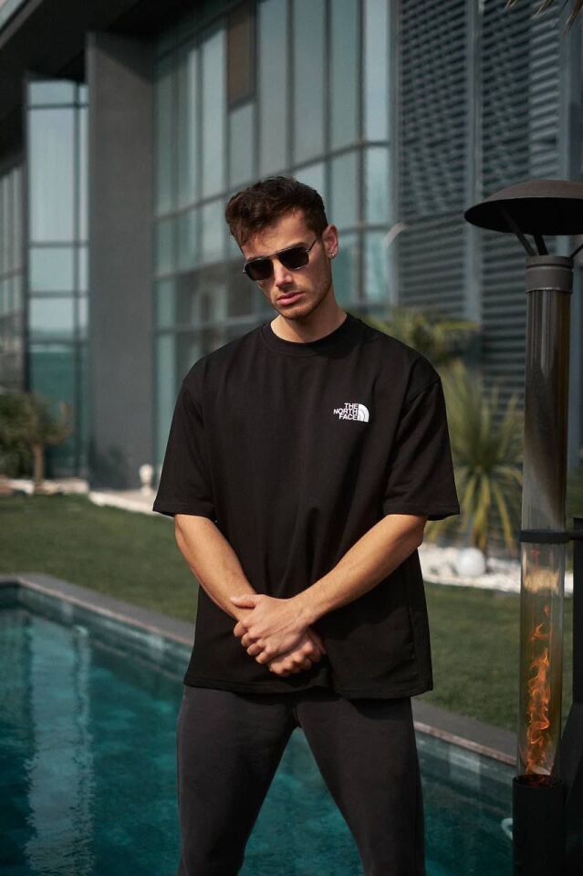 %100 Penye Kumaş The North Face Baskılı Oversize T-shirt (Siyah)